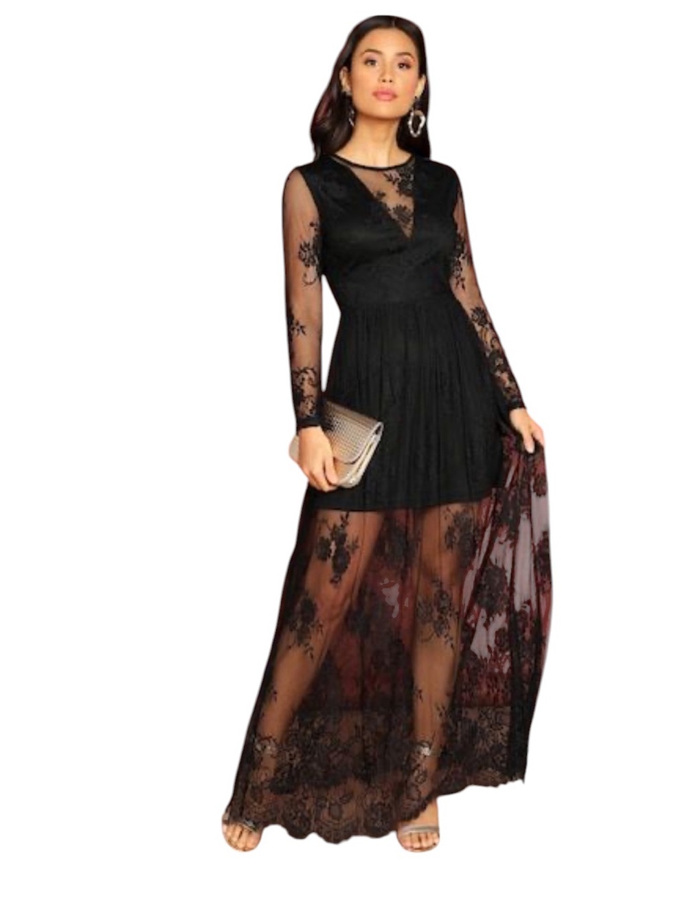 Womens Black Lace Maxi Dress Flowy Goth Witchy Evening Party Dark Romance